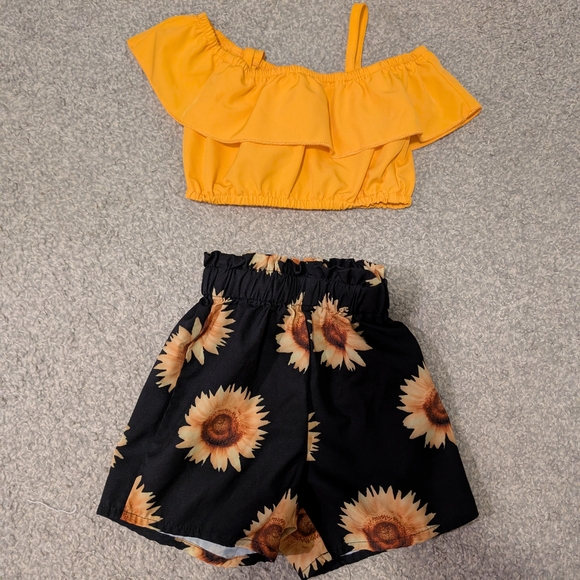 Other - Yellow Ruffle Crop Top and Sunflower Print Shorts Set
